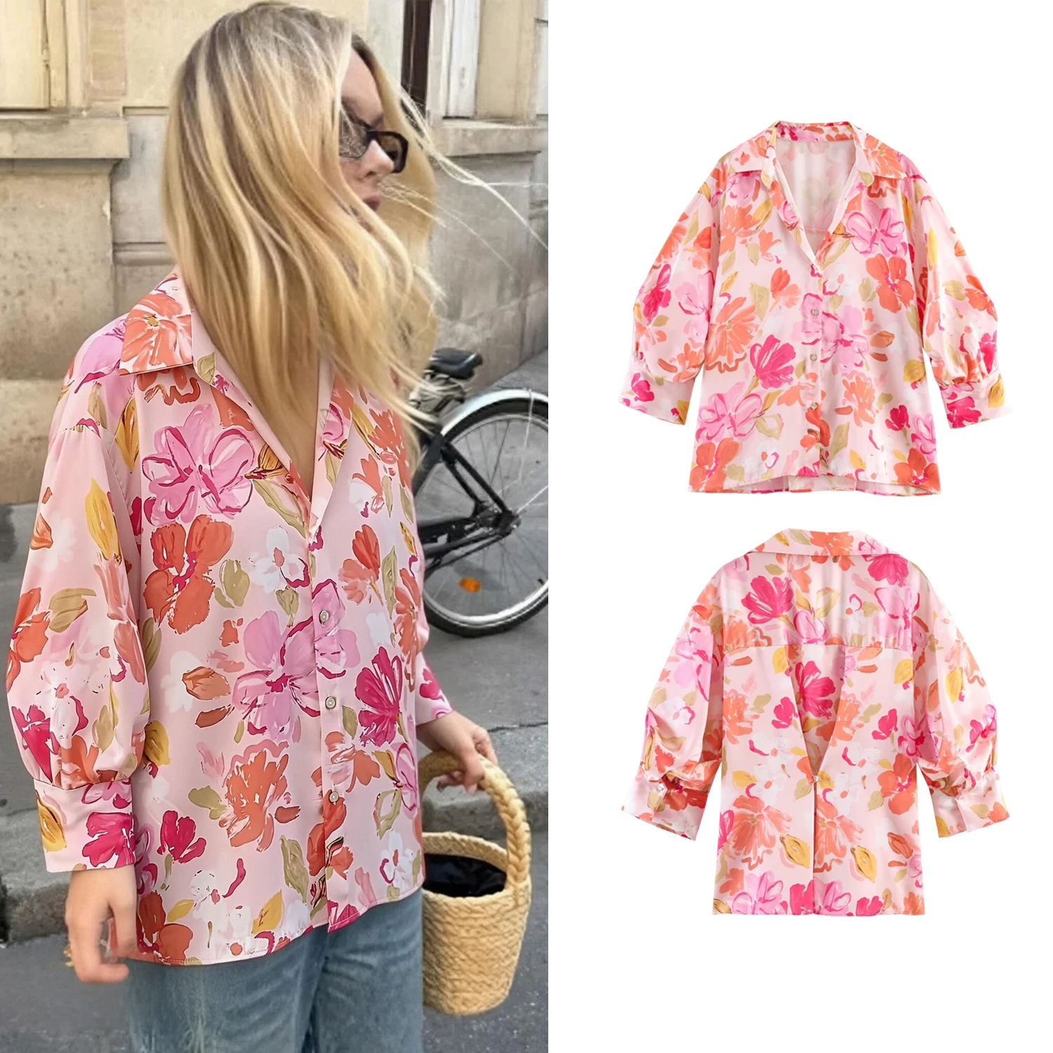 

Women's Print Shirts Summer Female Beach Trendy Satin Floral Print Shirt V-Neck Bubble Sleeve Blouses Lady Street Holiday Shirts