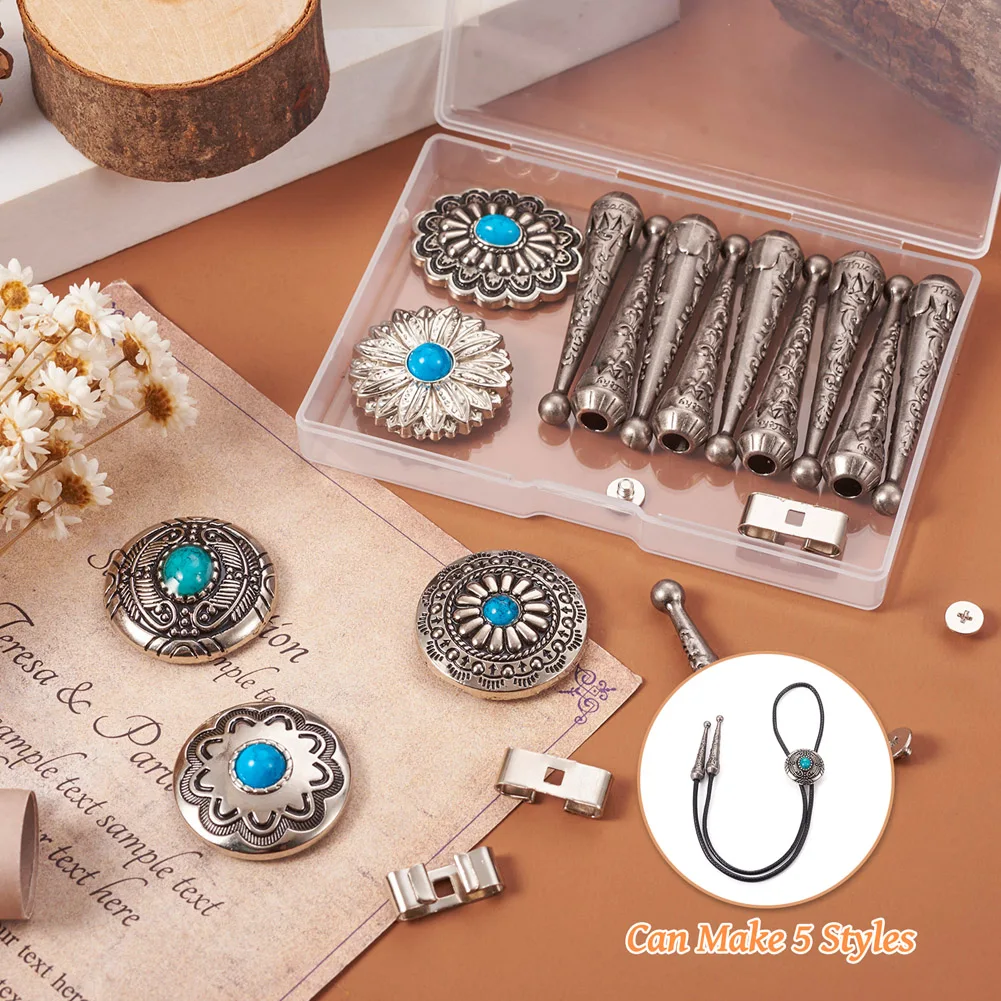 Cordons tressés en cuir de vachette Bolo aught, boutons en pierre turquoise, document en argent antique, bijoux vintage, kit d'accessoires de bricolage exécutif