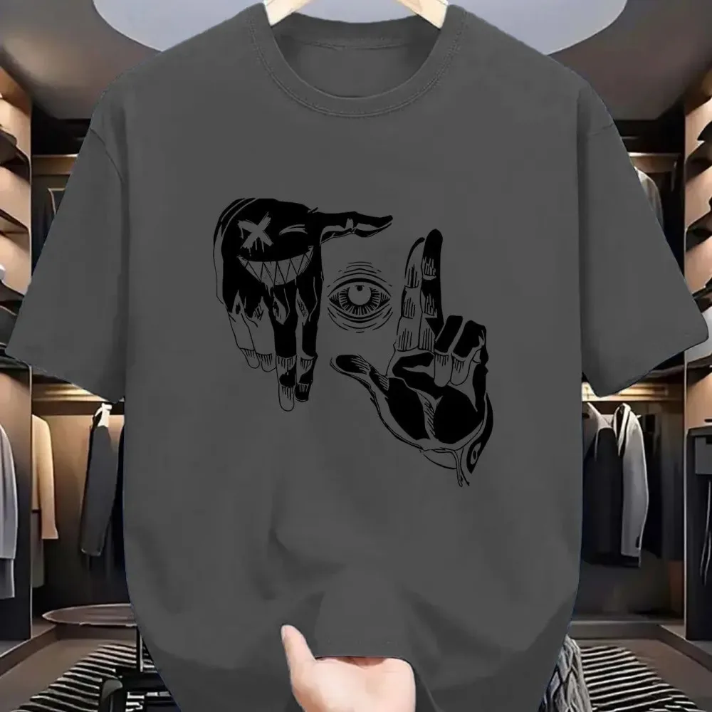 تي شيرت رجالي صيفي من البوليستر موديل 2025 برقبة دائرية قابل للتنفس مع نمط شخصي للعين الإيماءات مطبوع في الهواء الطلق