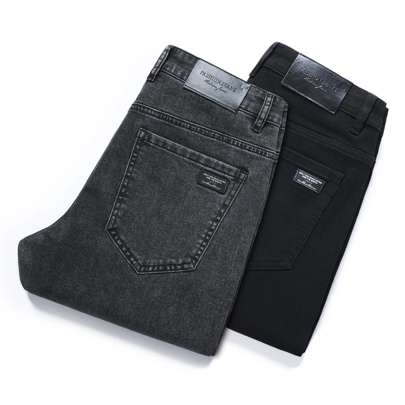 Lente Zomer Heren Zachte Stretch Denim Jeans Normale Klassieke Mode Zwart Grijze Slanke Broek Mannelijke Kleine Voeten Denim Broek