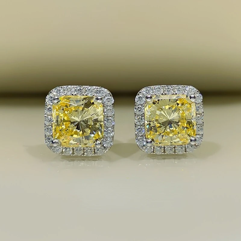 Xiushu Gaoding Princess Square Earrings Female Yellow Diamond Pink  Group Stone Set  1 Carat  925 Silver