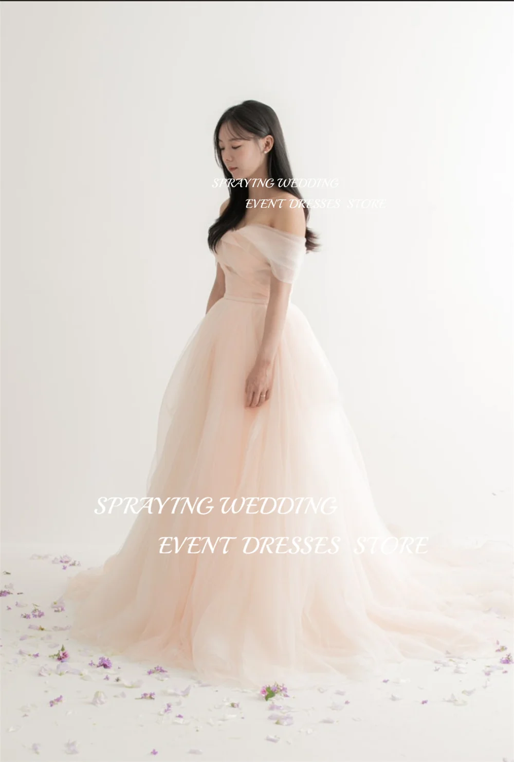 SPRAYING Simple Sweetheart A-line Tulle Wedding Dress Wedding Photography Off the Shoulder Long Korean Bridal Gown Corset Back