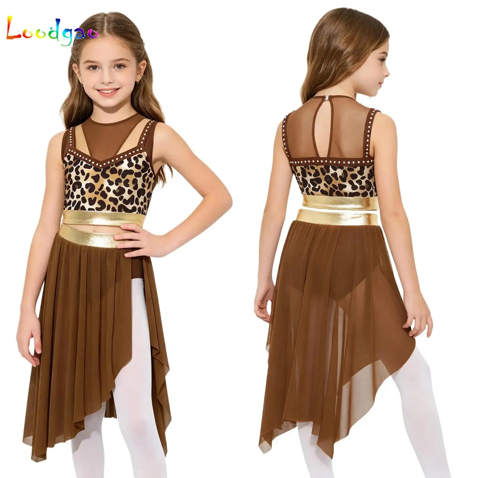 

Girls Prehistoric Cave Stone Primitive Carnival Cosplay Costume Leopard Print Crop Top+Split Ruffle Skirt Set for Ballet Lyrical