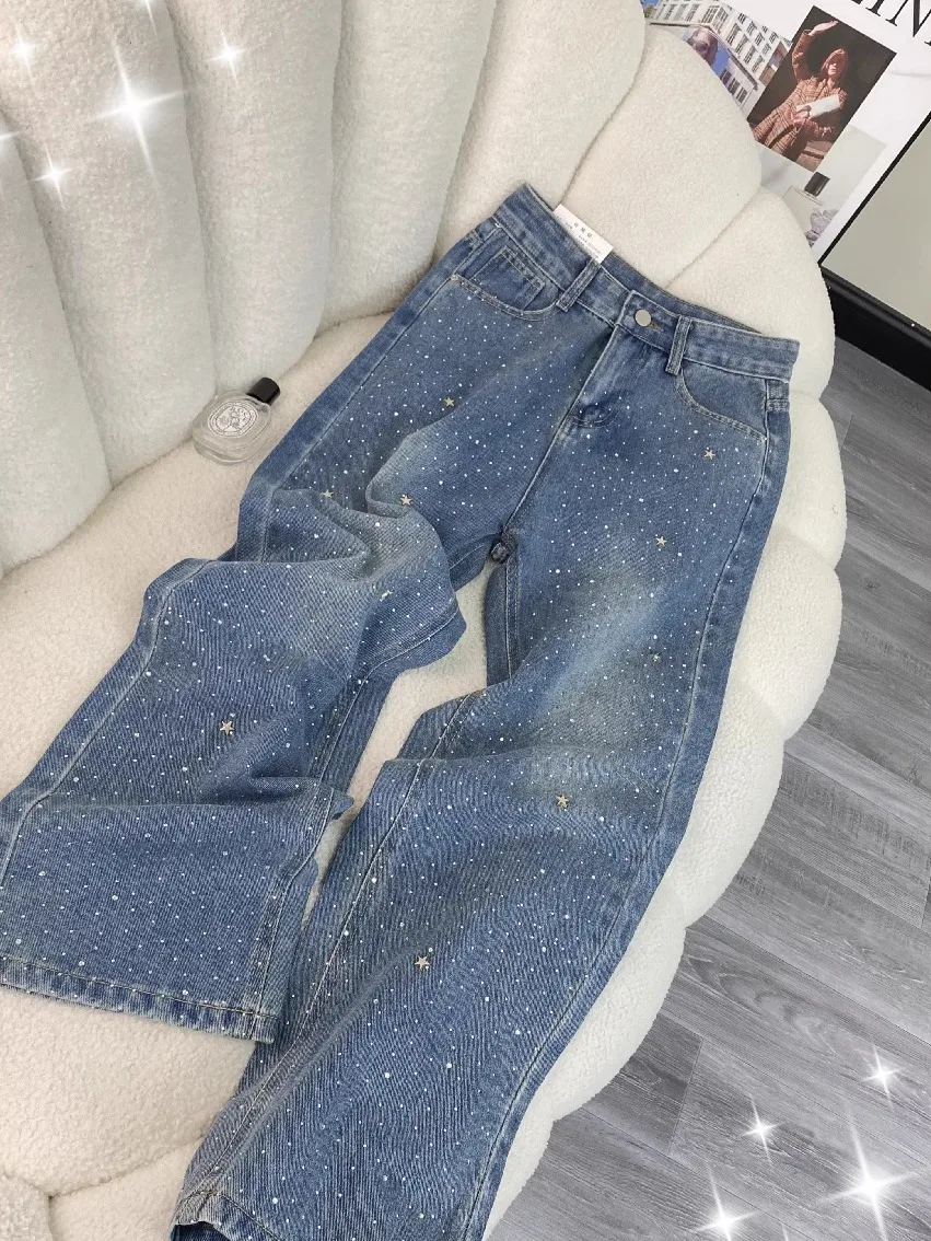 

New 2026 Women's Star Rhinestone Denim Pants Loose Straight Leg Wide Leg Trendy Design Casual High Waist Long Pants