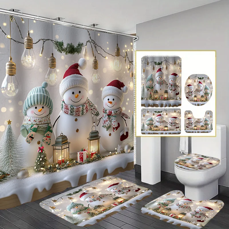 

4pcs Christmas Snowman Shower Curtain Set, Decorative Bathroom Set Includes Printed Shower Curtain, Non-Slip Floor Mat, Toilet