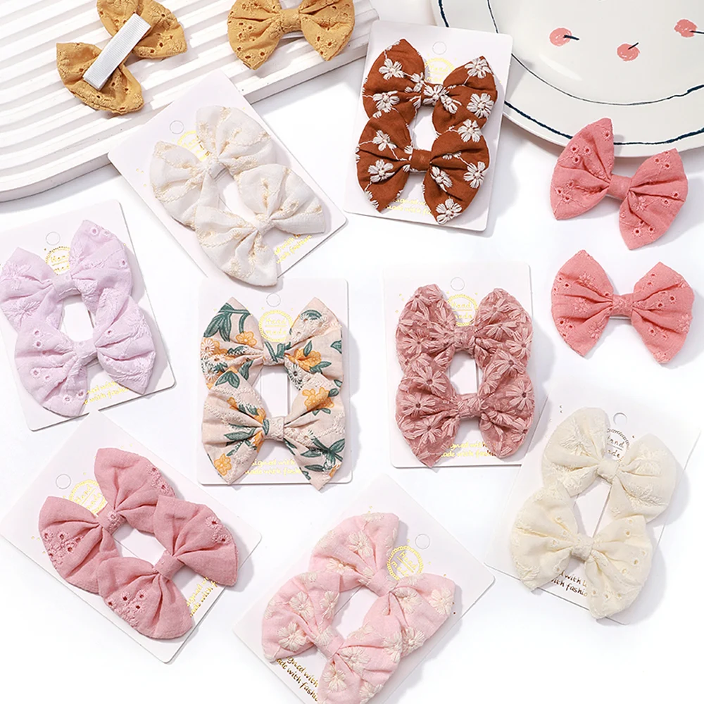 2pcs/set Embroidery Bows Hair Clips Solid Hairpins Girls Handmade Cotton Barrettes Kids Butterfly Hair Pin Baby Hair Accessories