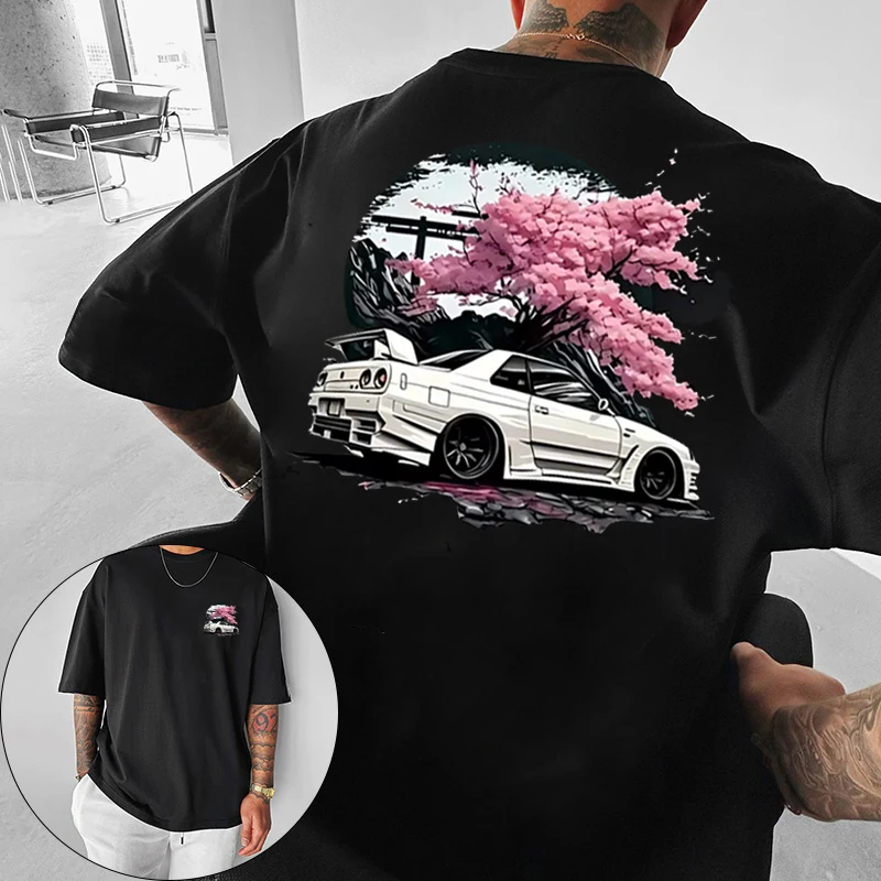 European and American Men's Summer Cherry Blossom Racing Print Comfortable and Breathable Round Neck T-Shirt Outdoor Street Top