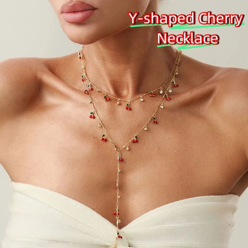 Collar de cereza en forma de Y de cobre, collar largo dorado en forma de Y para mujer, accesorios de joyería de plata, cadena de suéter, joyería de fiesta