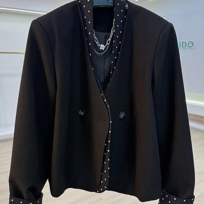 Women Blazer Korean Patchwork Cropped Suit Jacket Collarless V-Neck Polka Dot Spliced Long Sleeve Workwear Coat