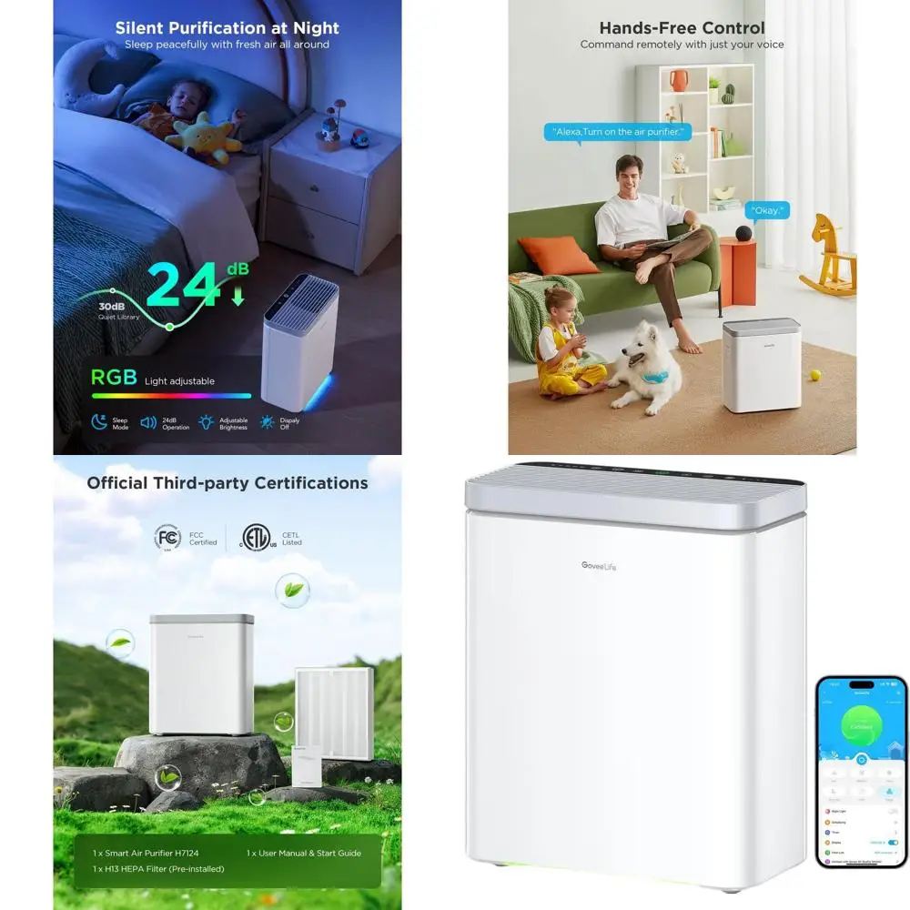 

Очиститель воздуха для больших помещений, охватывает площадь 1046 кв. футов, отслеживает PM2.5, режим сна, 3-ступенчатая фильтрация, совместимость с приложением/Alexa, идеально подходит для...