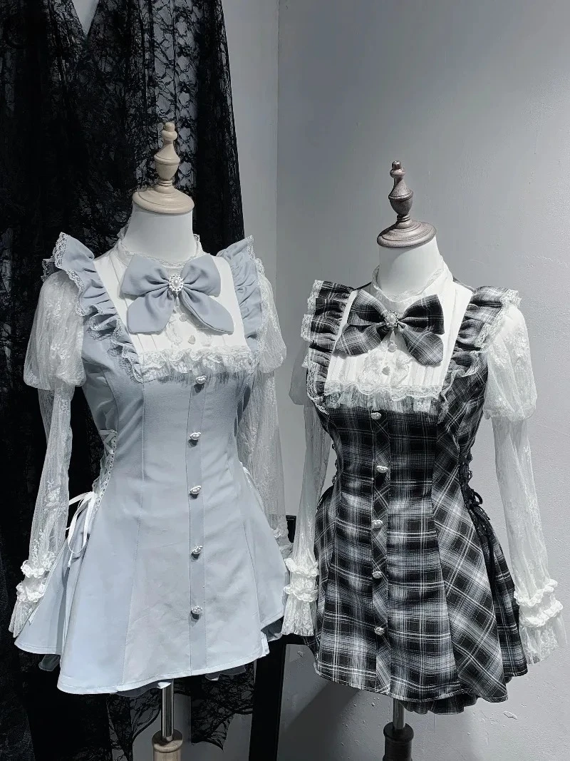 ชุดเซ็ตสองชิ้น เดรสเอวสูงและกางเกงขาสั้น สไตล์สาวหวาน ชุดสูทญี่ปุ่นแท้ คอตั้ง แต่งผ้าลูกไม้แขนยาว แต่งโบว์