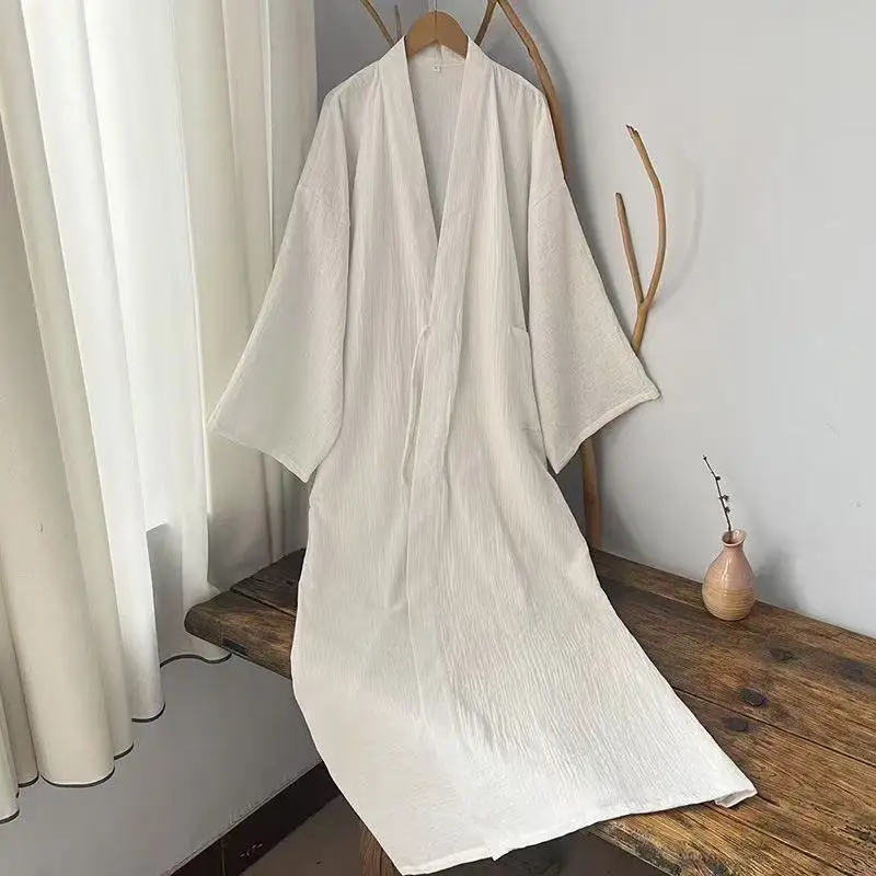 

Chinese Style Pure Cotton Long Robe Men Women Traditional Breathable Couples Pajamas Vintage Home Wear Tai Chi Suits Male Gown