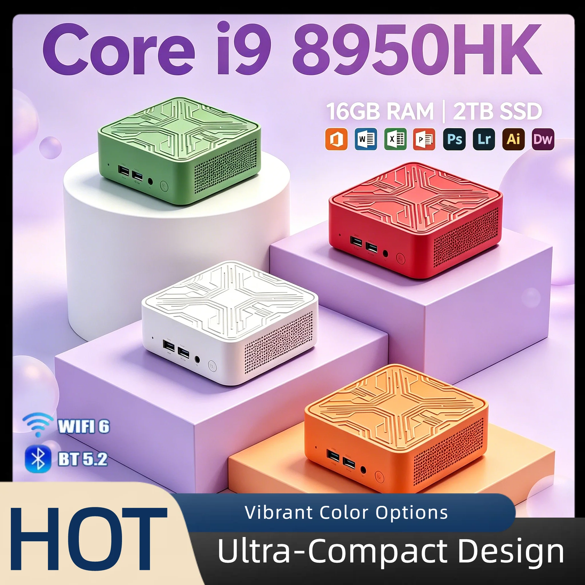 Intel i9 8950HK High Speed Mini PC 16GB RAM 2TB NVMe SSD Triple 4K Screen WiFi6 Silent Cooling Office Home Computer