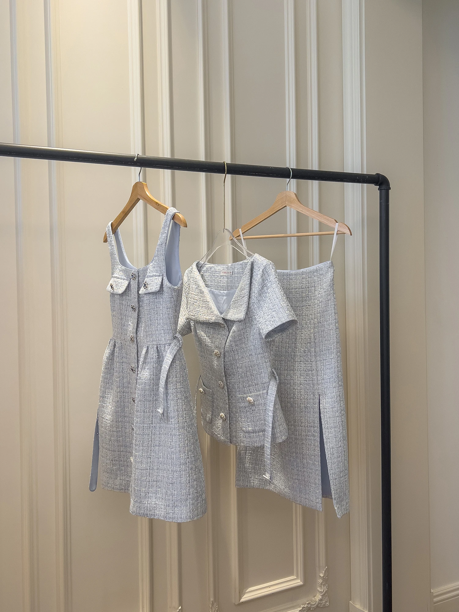 Retro Blue Woolen Tweed ort Sve Coat High Waist Split Skirt Set Faionable Wedding Guest Dr for Women in Their 30s