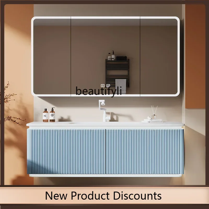 

A57 Light French Cream Wind Oak Bathroom Cabinet Slate Hot Bending Integrated Washbasin Washbasin LT