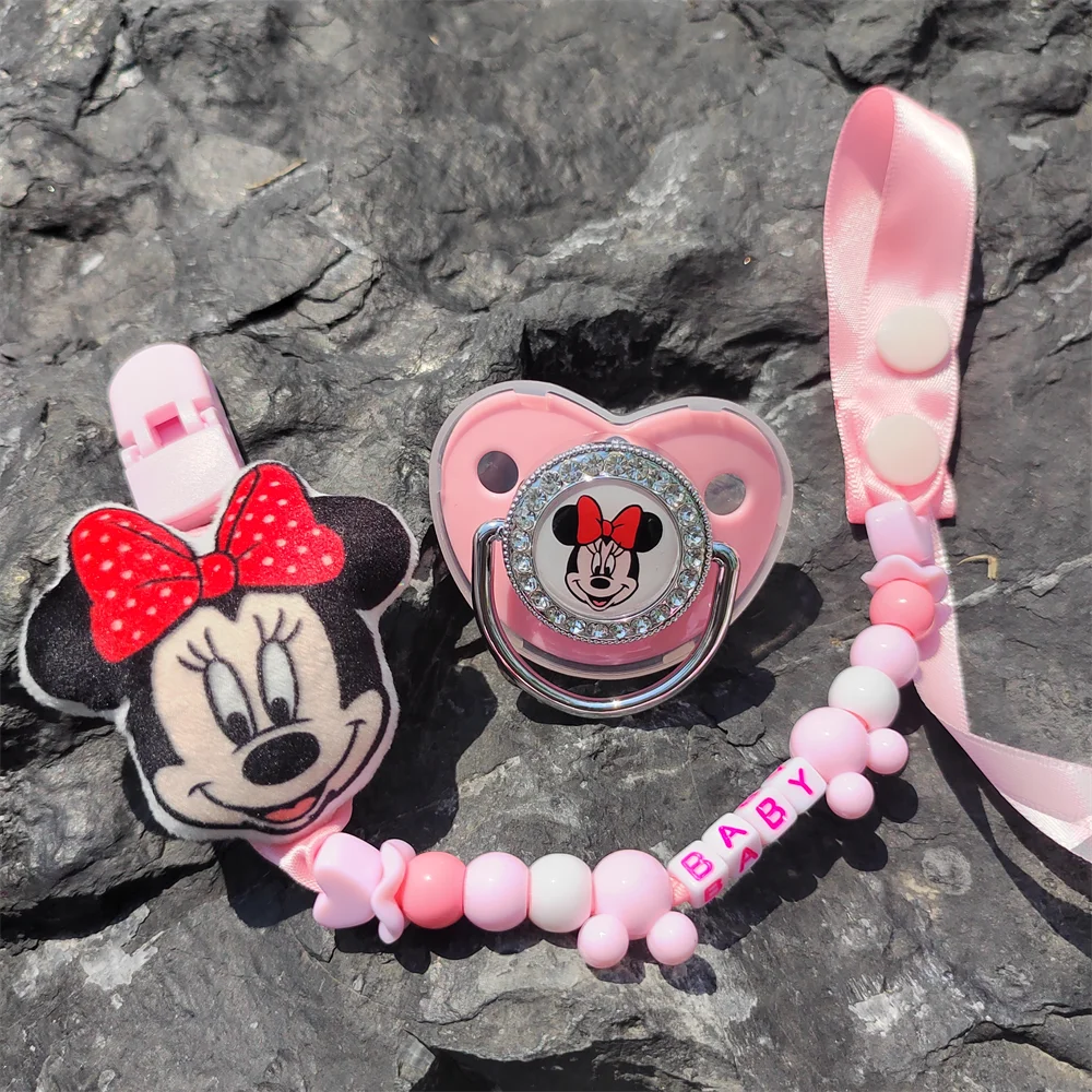 2023 Hot Pink Minnie Mouse Plush Pacifier Toddler Girl Babi Animal Cartoon Cute Beaded Pacifier Clip with Personalized Name Gift