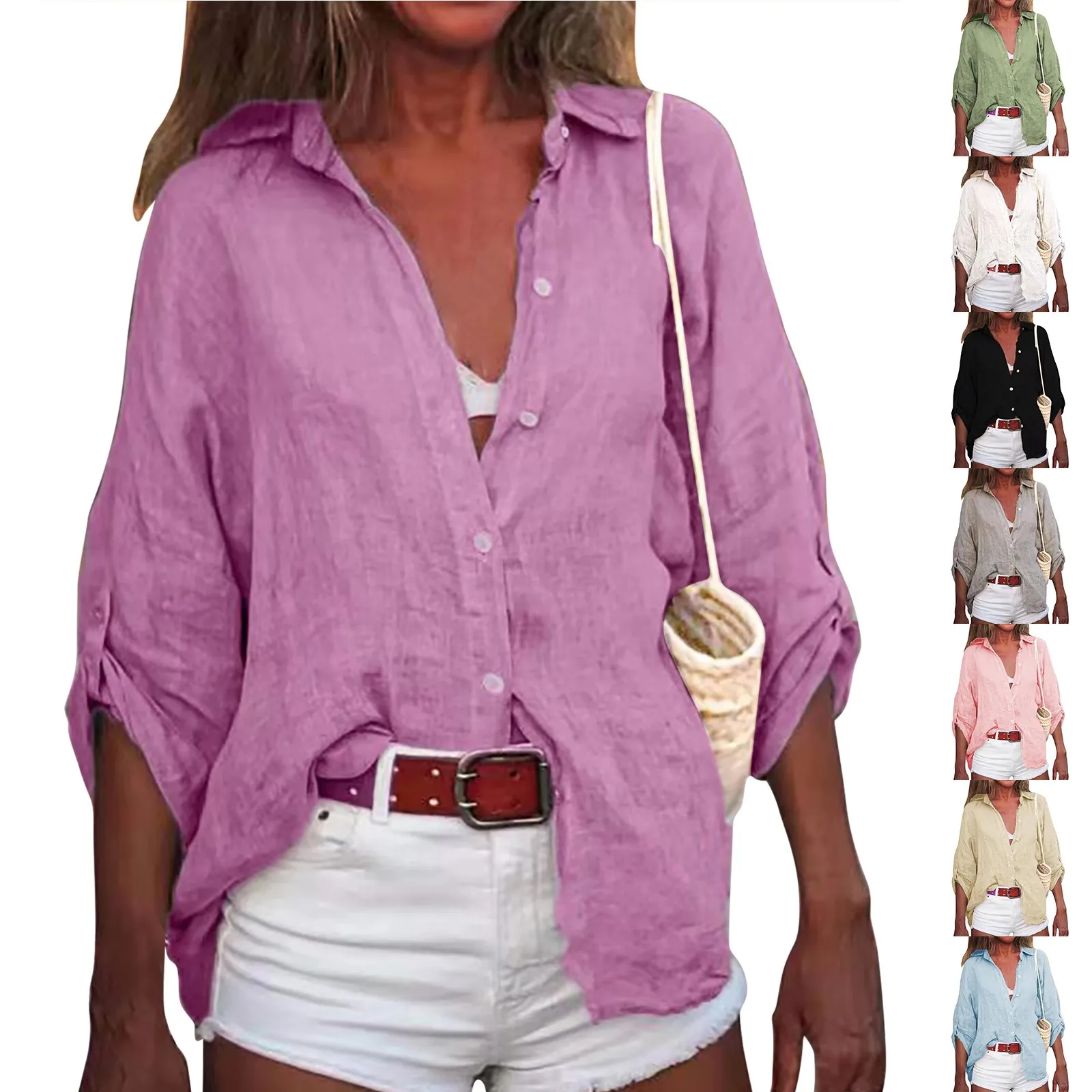 Summer Plus Size Cotton Linen Solid Color Seven-Point Sleeve Shirt V-Neck For Ladies Loose Casual Lightweight Camisas De Mujer