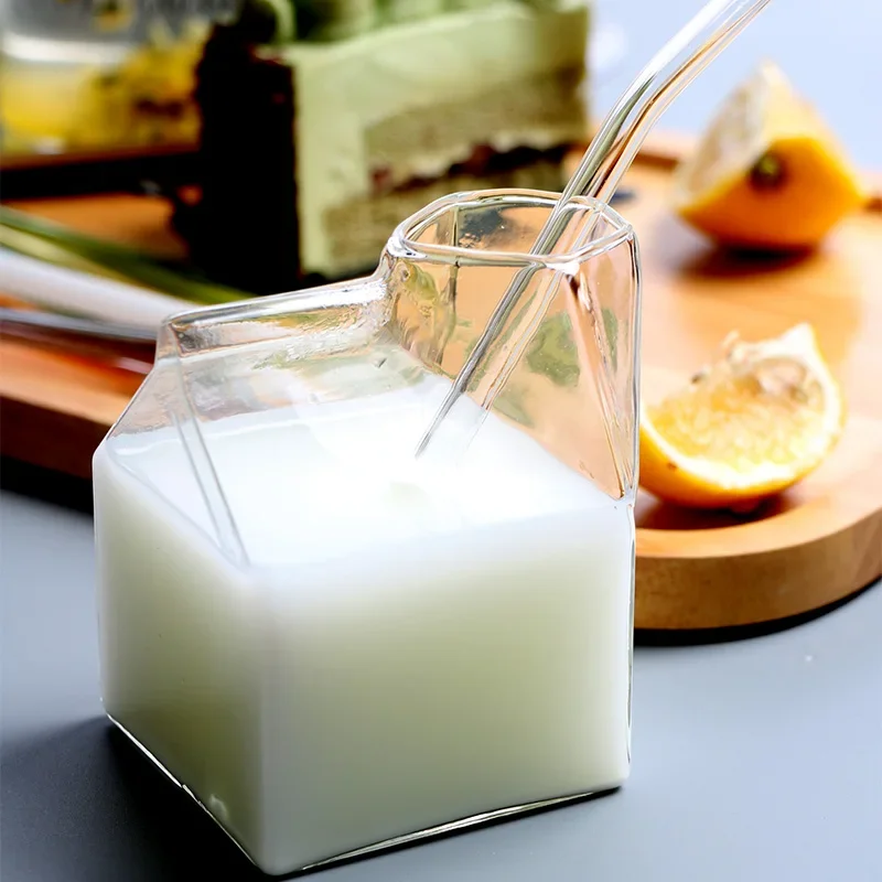 

Glass Milk Carton Transparent High Temperature Resistance Drinkware Glass Straw Can Be Heated Water Cup Irregular Creative Cup