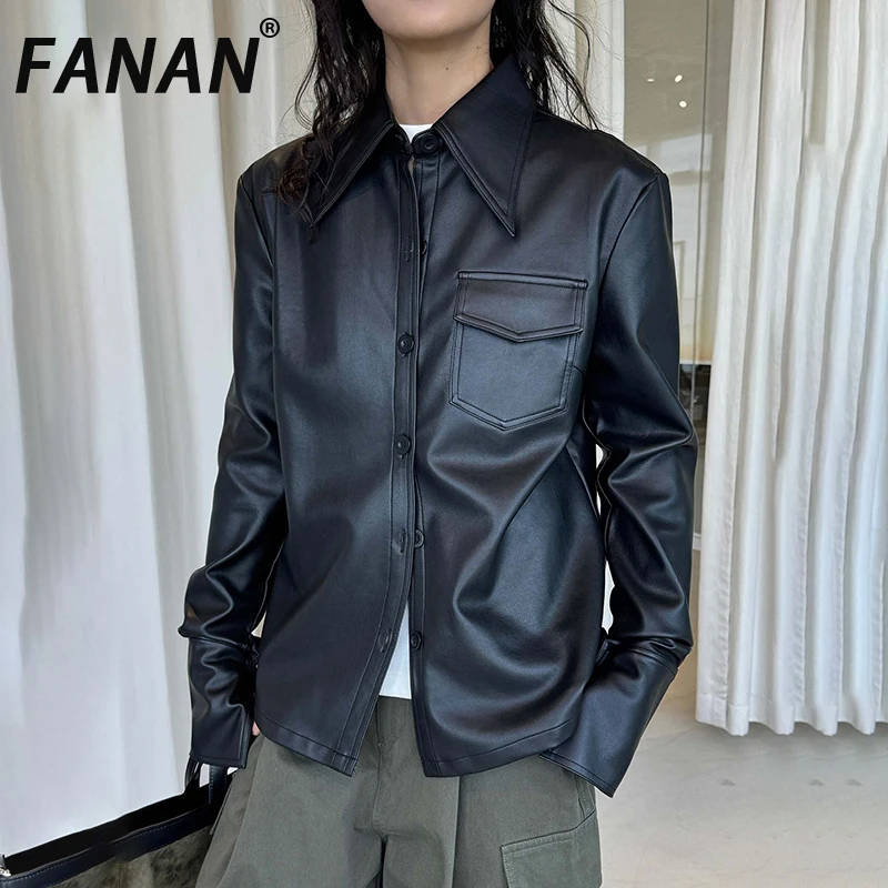 

FANAN Vintage Leather Jackets For Women Lapel Single Breasted Korean Style Fit Coats Female Cloehes Fashion 2025 Winter New
