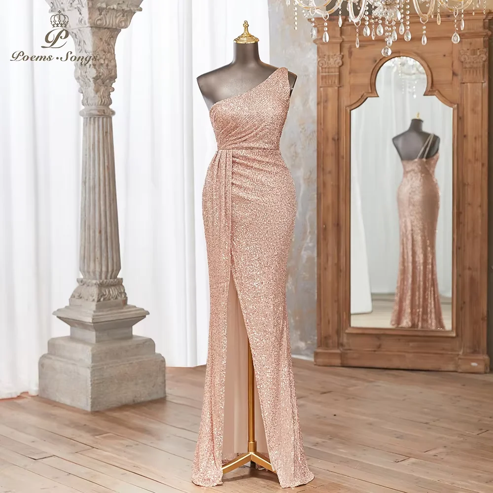

Customized Rose Gold Sequin Evening Dress with Elegant Straps Fitted Silhouette and Flattering High Slit Ideal for Formal Events
