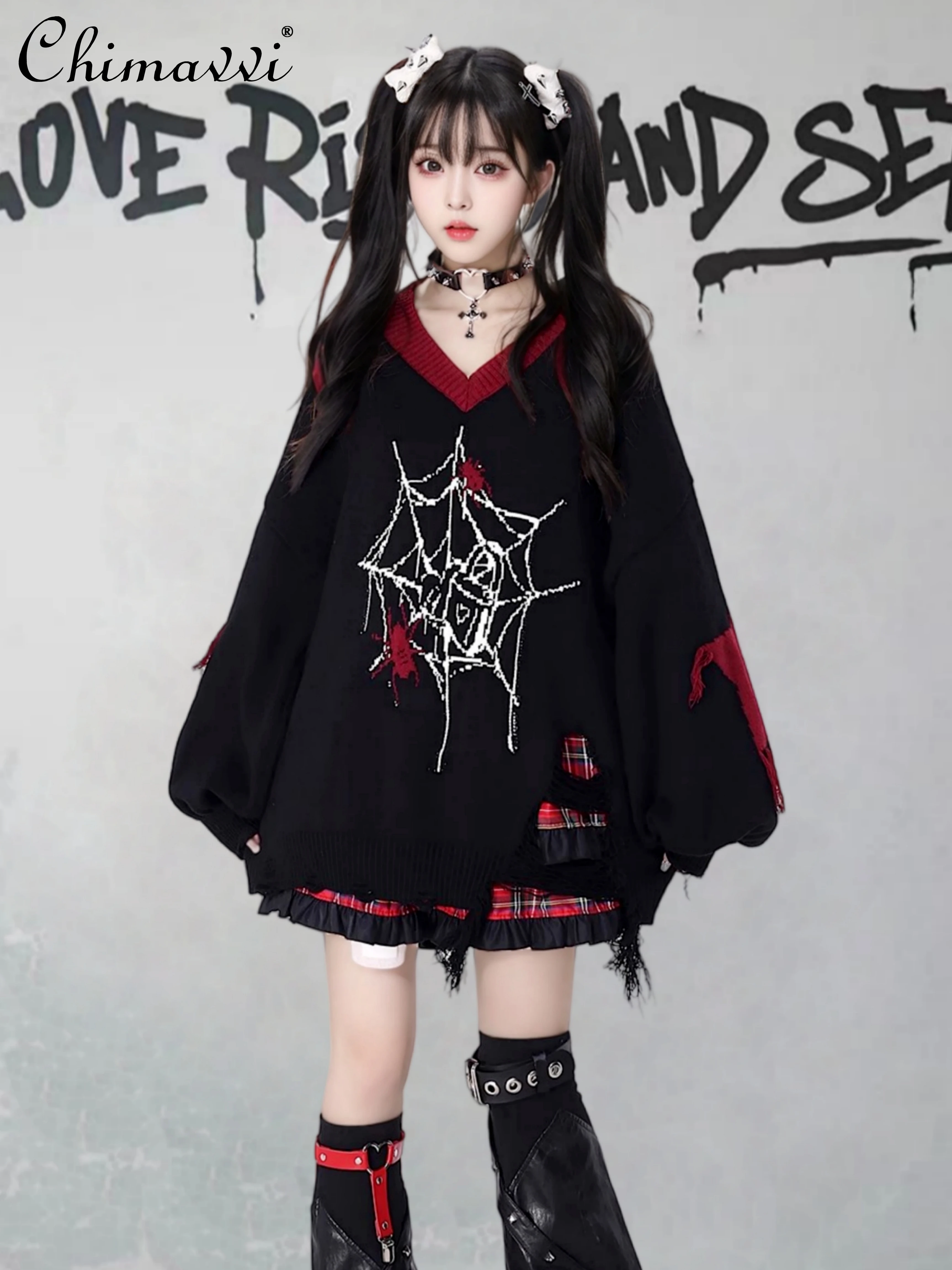 Japanese Gothic Y2k Hot Girls Knitted Top Women's Autumn and Winter Black and Red Subculture Hole Loose Design V-neck Sweater