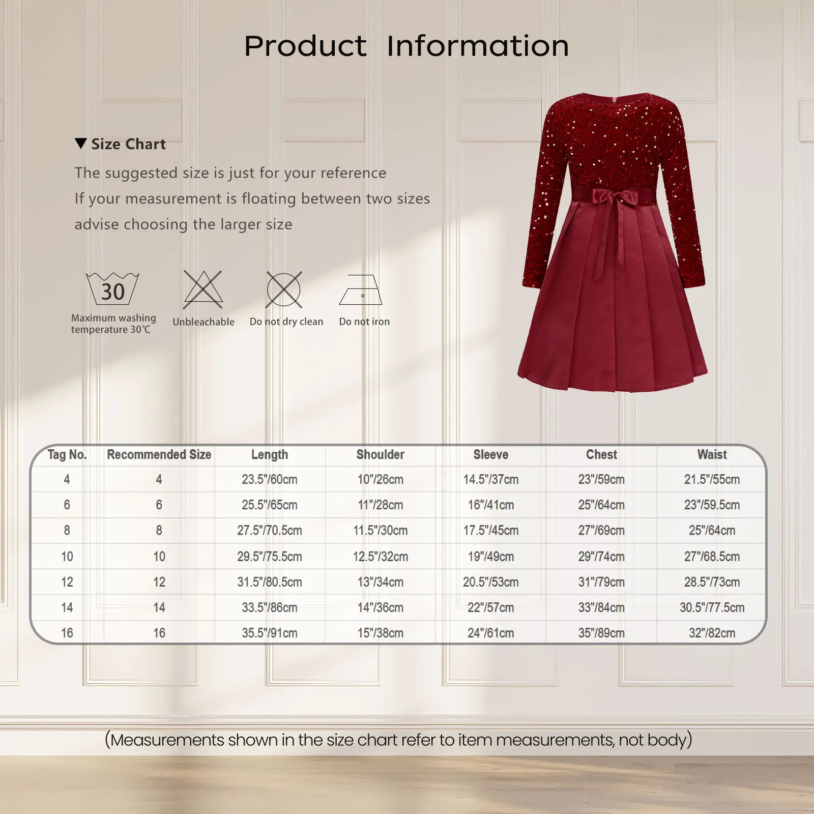 فستان حفلات أطفال بنات لعيد الميلاد مزين بالترتر اللامع وياقة دائرية وأكمام طويلة وخصر عالٍ لحفلات الزفاف وحفلات عيد الميلاد #5