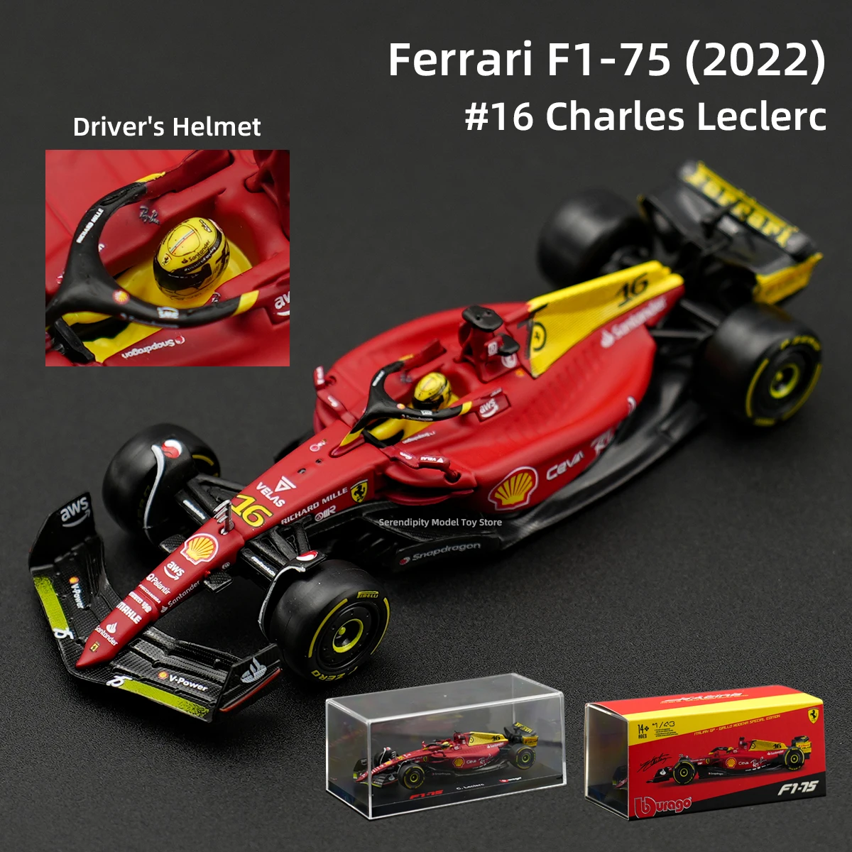 Bburago-Die Cast Fórmula Racing Car Brinquedos, caixa de acrílico, 1:43 Ferrari, 2022 F1-75