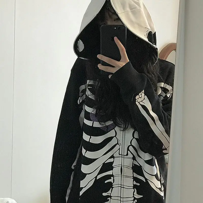 Skeleton Print Hoodies Women Y2K Harajuku Long Sleeve Zipper Jacket Goth Oversize Hooded Sweatshirts Streetwear Hoodies