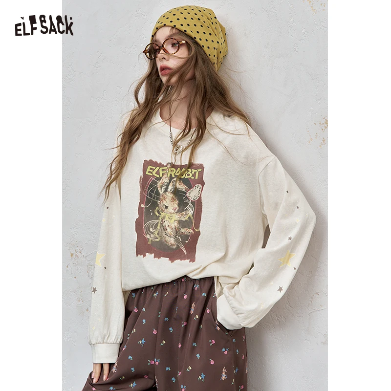 ELFSACK Women's Long Sleeve Graphic Tee with Rabbit Print, Loose Fit Casual Top for Everyday Wear