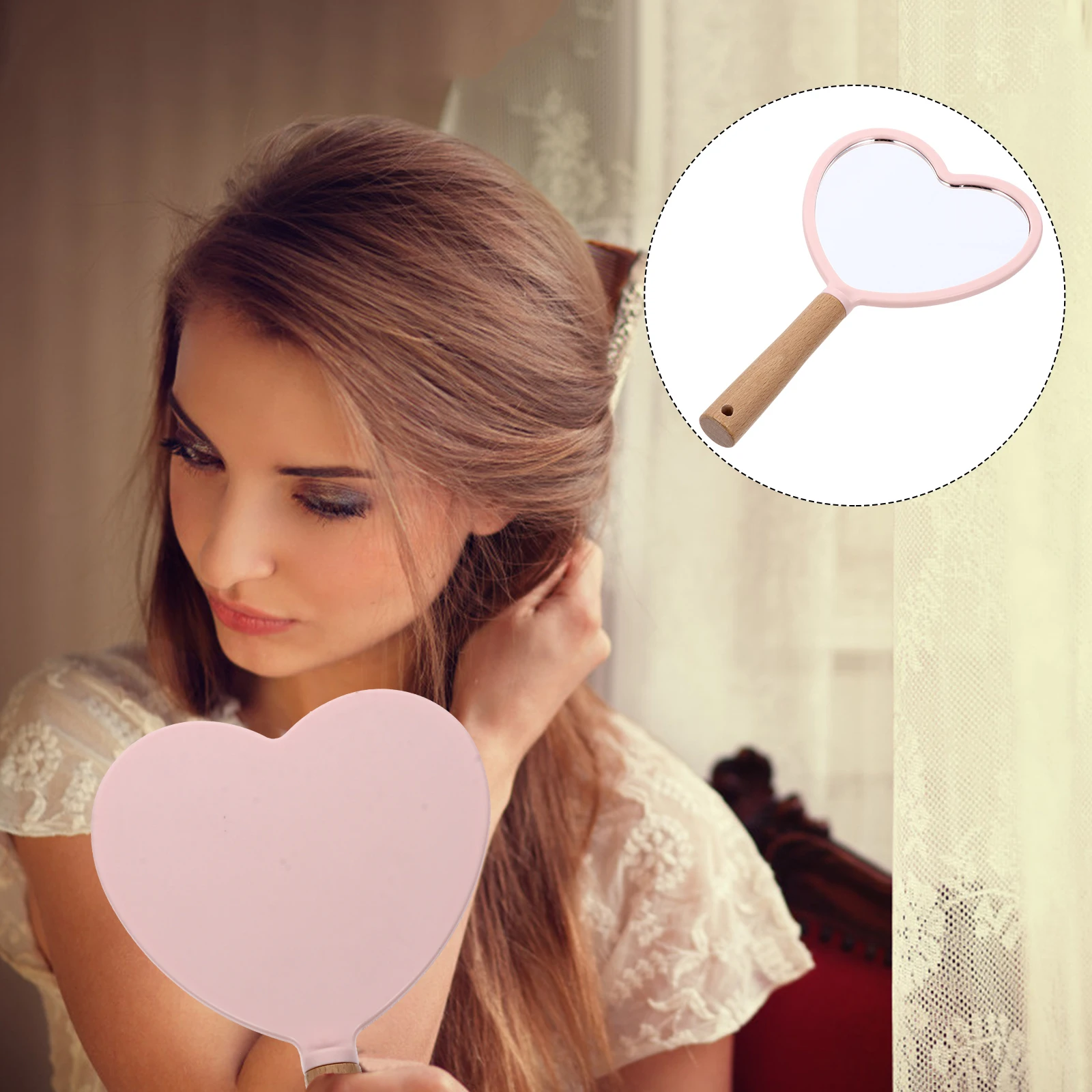 

Heart Design Makeup Handheld Mirror For Women Hd Portable Mirror Wood Handle Clear Surface Chic Compact Pink