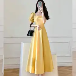 Light yellow dress summer new French square neck Hepburn style temperament long dress A-LINE vestidos dress