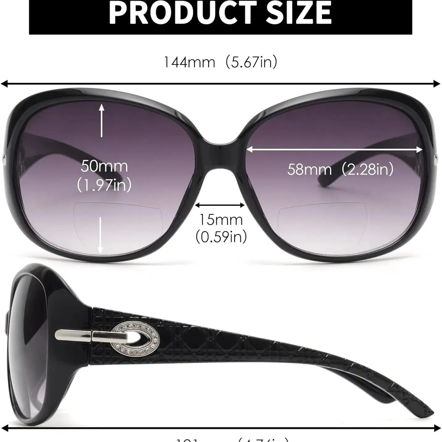 JM Large Round Bifocal Reading Sunglasses for Women Vintage Oversized Lady Reading Glasses Outdoor UV400 Protection Black +4.0