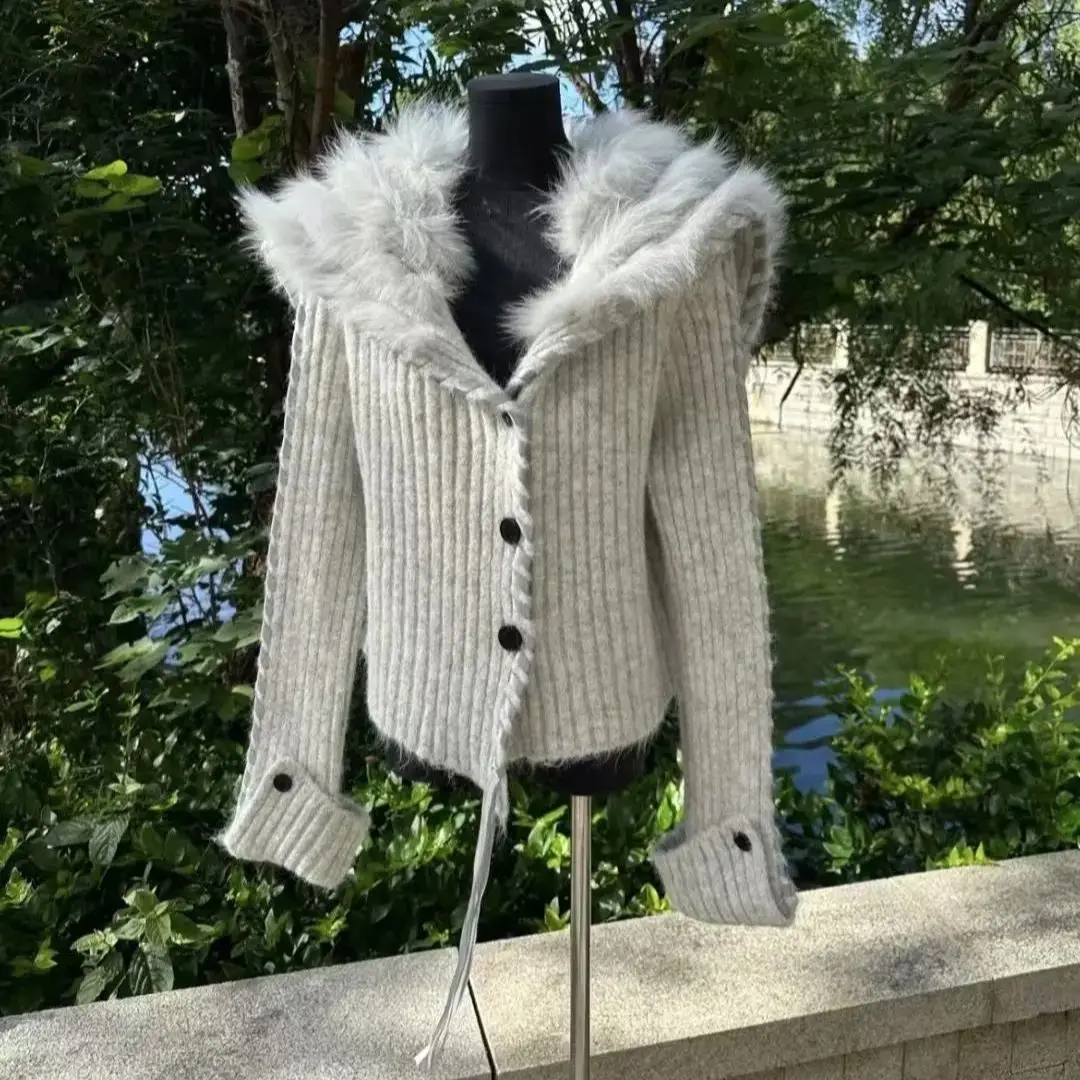 Nuevo diseño de moda de otoño cárdigan de punto para mujer Vintage solapa piel de visón Patchwork Casual ajustado suéter con cordones Top prendas de punto