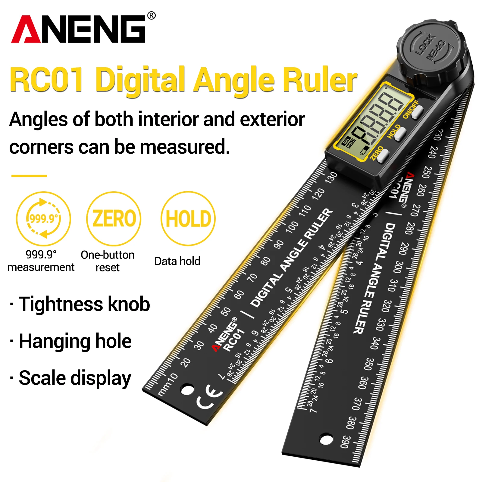 ANENG RC01 Digitaler Winkelmesser Goniometer 0,1 ° Auflösung ±1% ±0,5 ° Genauigkeit 0.0 ° -999.9 ° Holzbearbeitungs-Messwerkzeug