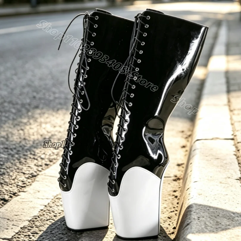 Botas de Ballet Bicolor con Cordones de Cuero Patentado, Estilo Extraño, Nuevo Estilo Elegante, Botas de Baile Estilo Británico, Zapatos Sexys para Mujer