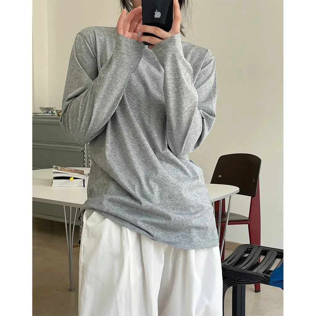 

Korean Style round Neck Long-Sleeved T-Shirt Loose Slimming Look Early Autumn Fashion Skin-Friendly Bottoming Top for Women