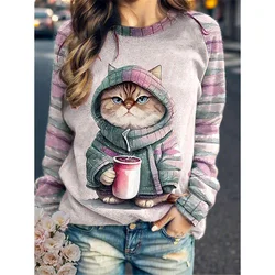 Sudadera con capucha de cuello redondo para mujer, camiseta europea y americana con estampado 3d de gato Animal, estilo de hombro, otoño e invierno, ropa para mujer