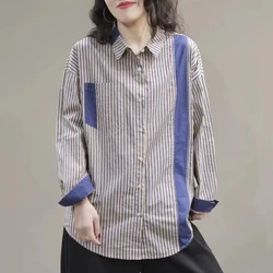 Retro Spring Autumn 2024 Women's New Spliced Polo Collar Button Pocket Stripe Fashion Loose Casual Long Sleeve Blouses Shirts