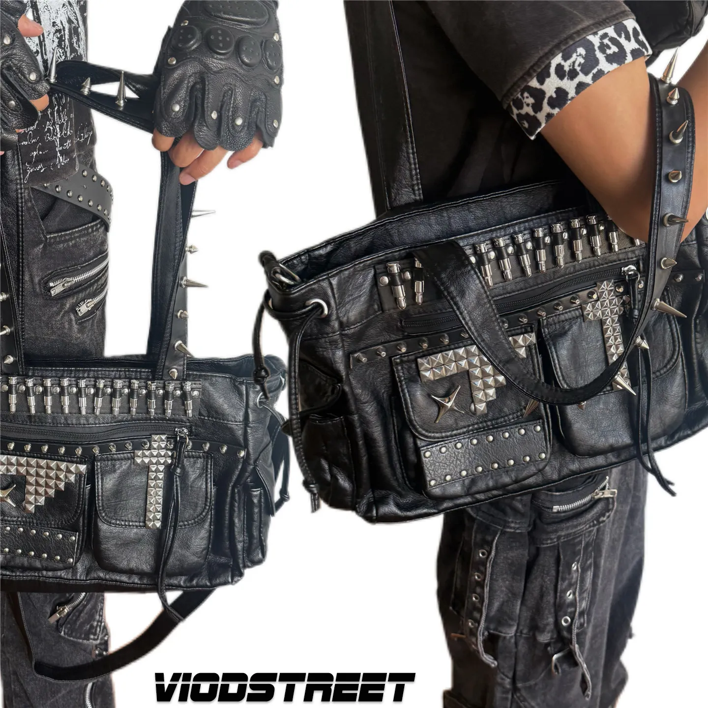 Punk Style Tote Bag Rivet Cross Y2K Unique Street Locomotive Bags Large Capacity Shoulder Bag Messenger Bag