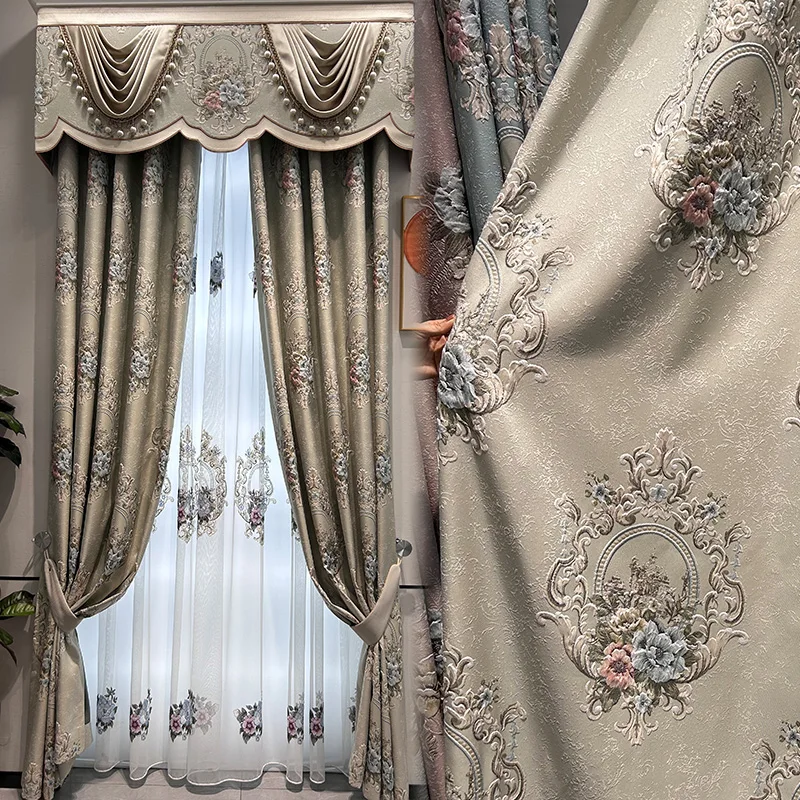 

Custom American retro living room relief thick European high-grade beige cloth blackout curtain tulle valance drape C1645