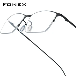 FONEX Titanium Alloy Eyeglasses Frame Men Square Glasses Brand Design Japanese Ultralight Weight Semi-Rimless Eyewear 8101