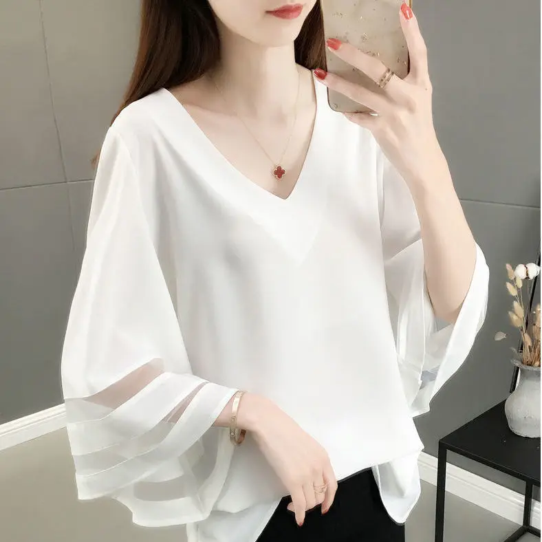 

Женская шифоновая рубашка с коротким рукавом, свободная рубашка с V-образным вырезом, однотонный пуловер, блузки, L103, лето 2024