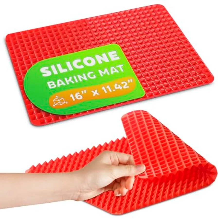 Non Stick Baking Cooking Mat - 16x11.5" Silicone Baking Mat, Fat Filtering Red Pyramid Design, for Roasting, BBQ and Pastry Mak
