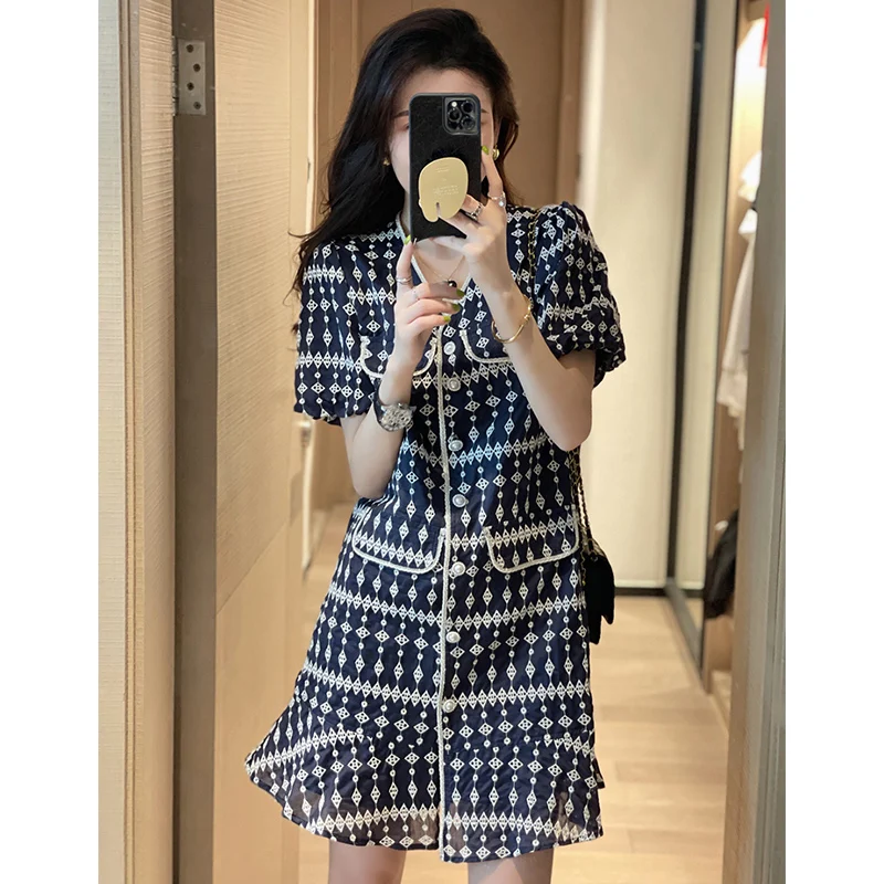 Summer Oversized Elegant Fashion Printing Single Breasted Mini Dress Women Short Sleeve Hollow Out Robe Femme Casual Vestidos