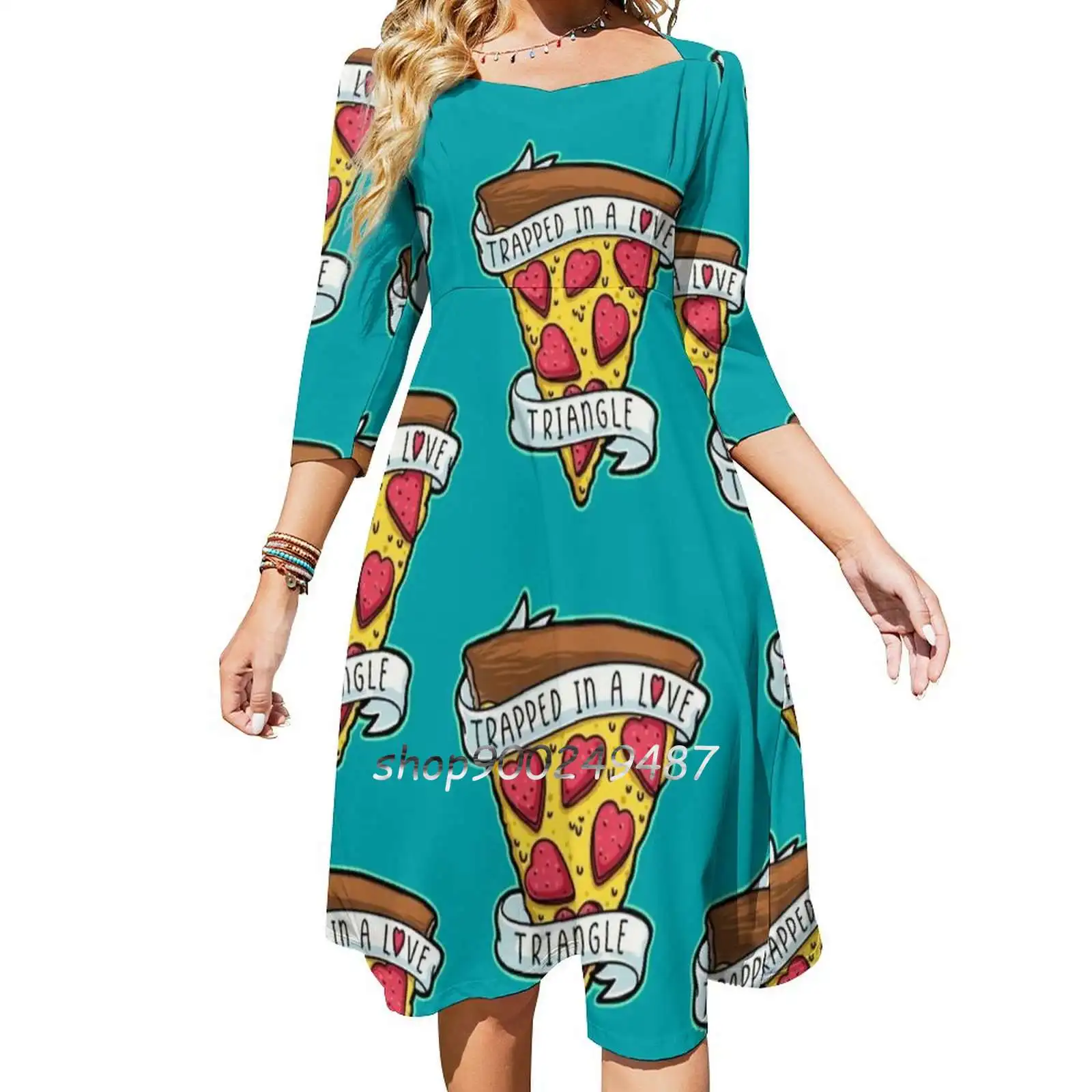 Trapped Square Neck Dress Sweet Summer Dress Women Elegant Halter Print Dress Pizza Pizza Pie Pepperoni Pizza Yum Yummy Food