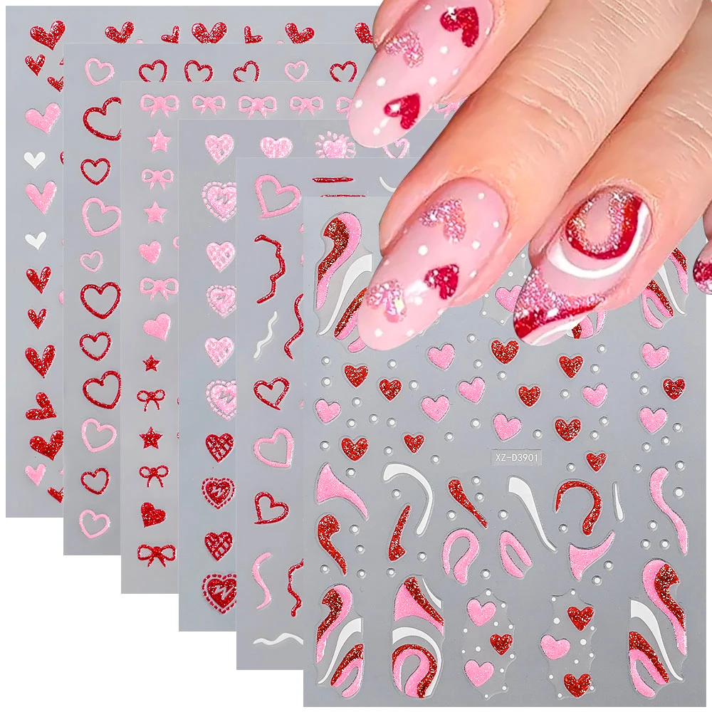 1Pc 3D Glitter Pink Red Heart Nail Stickers Shiny French Stripe Lines/Bow Adhesive Decals Valentine's Day Manicure Sliders