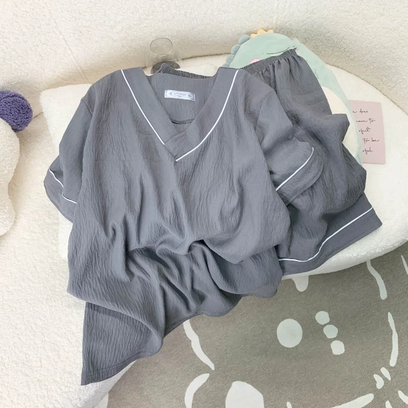 Summer New Solid Casual Pajamas Set Simple Korean Style Soft Fashion Pajamas V-neck Pajamas Men's Short Thin Set 2 Piece Men