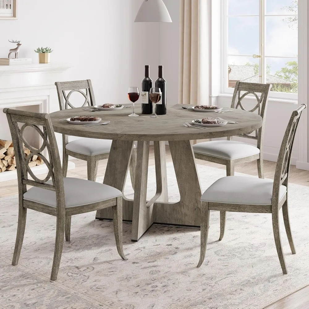 

Round Dining Table, 47 Inch Round Dinner Table for 4, Farmhouse Kitchen Table with Wooden Pedestal Base for Home Dining Room or
