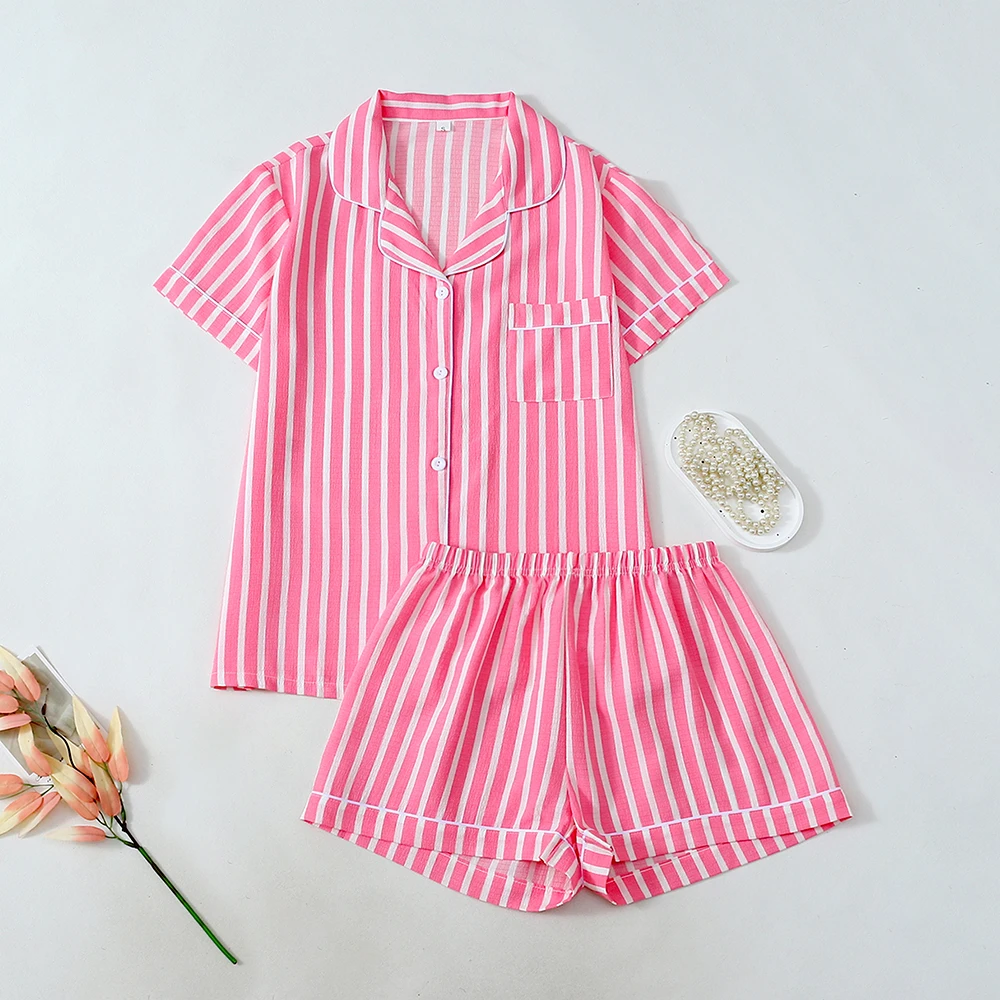 

Комплект домашней одежды в розовую полоску, 2 шт., топ с короткими рукавами, шорты, удобная повседневная ночная рубашка, кардиган в корейском стиле, комплект одежды для сна