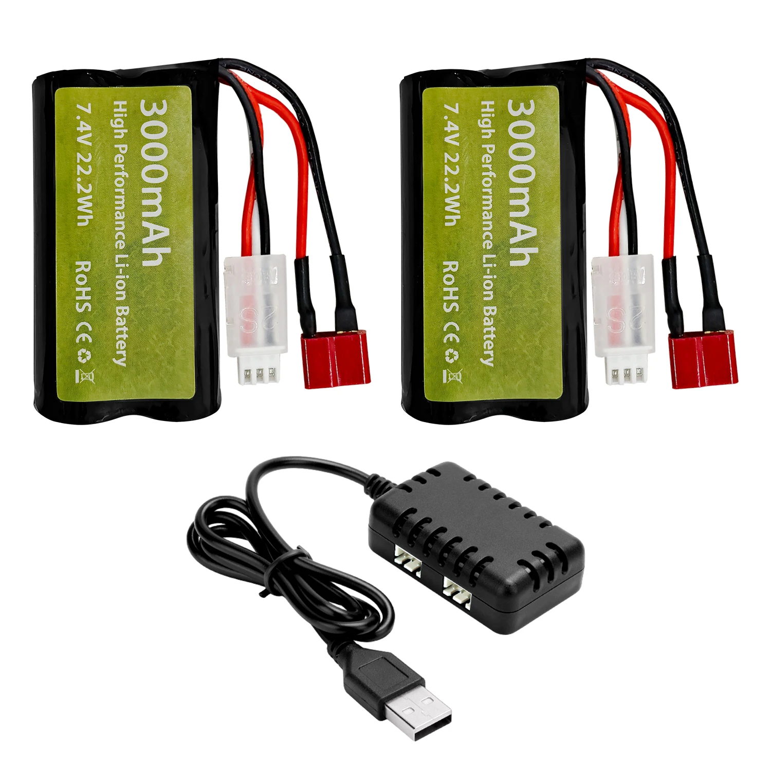 2PCS 7.4V 3000mAh T-Plug Li-ion Battery+2-in-1 Charger for WLtoys 12423 MJX 14301 14303 14302 H16PL RC Car,1/10,1/12,1/16 Truck